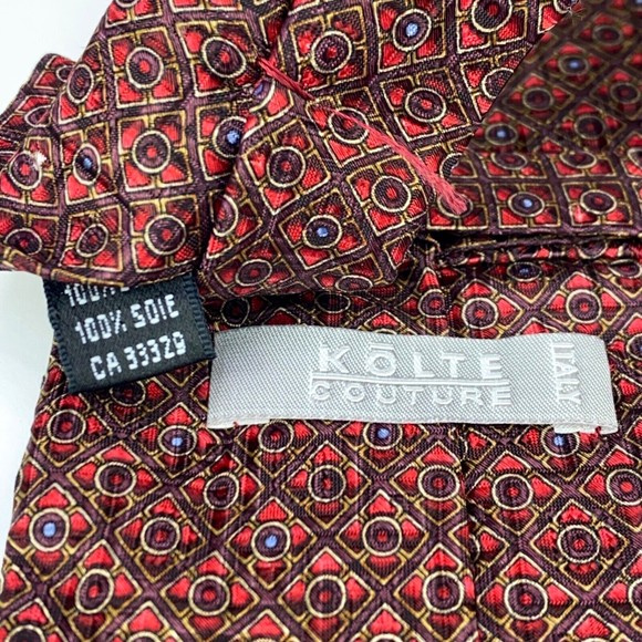 KOLTE Couture Red Plaid Circles Dots Geometric 100% Silk Necktie Hand Made Italy - Picture 9 of 12